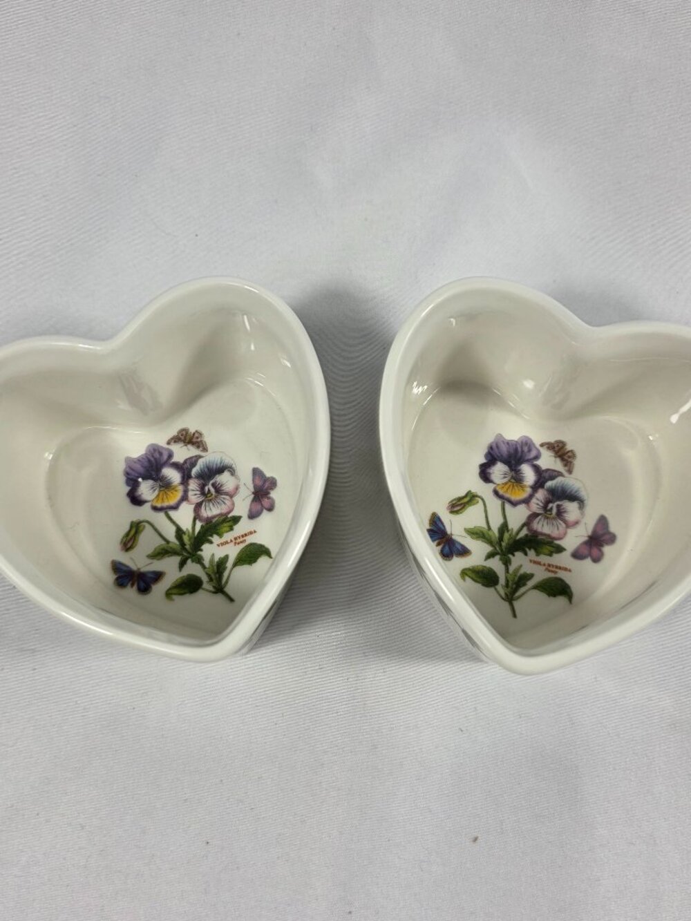 TWO Portmeirion Botanic Garden Heart-Shaped Ramekin Dish Pansy Flowers